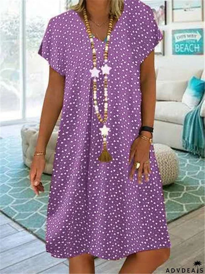 Laid-Back Style V Neck All-Over Polka Dot Print Pullover Mid-Length Dress