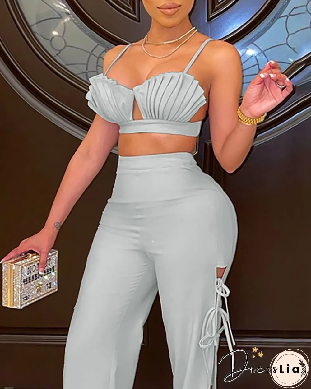 Ruched Crop Top & Tied Detail Slit Pants Set