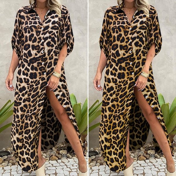 Plus Size Women Long Sleeve Spring Fall Button Up Lapel Shirt Dresses Fashion Holiday Casual Leopard Print Midi Dresses Kleid - Life is Beautiful for You - SheChoic