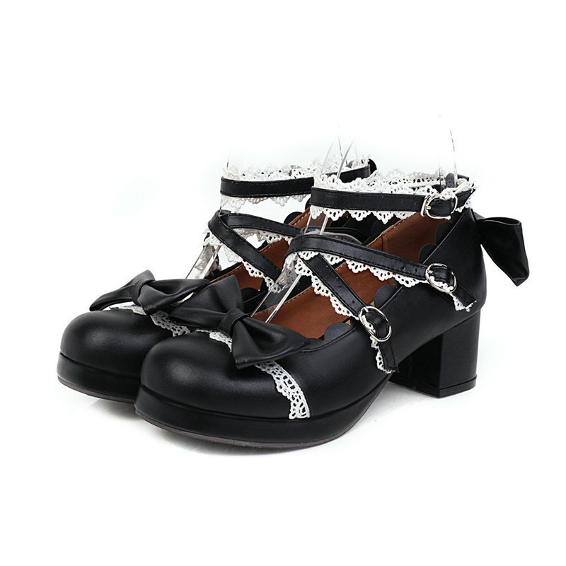  Lolita Heels Platform Crossing Straps Bow PU  Cute Shoes For Girls Novameme