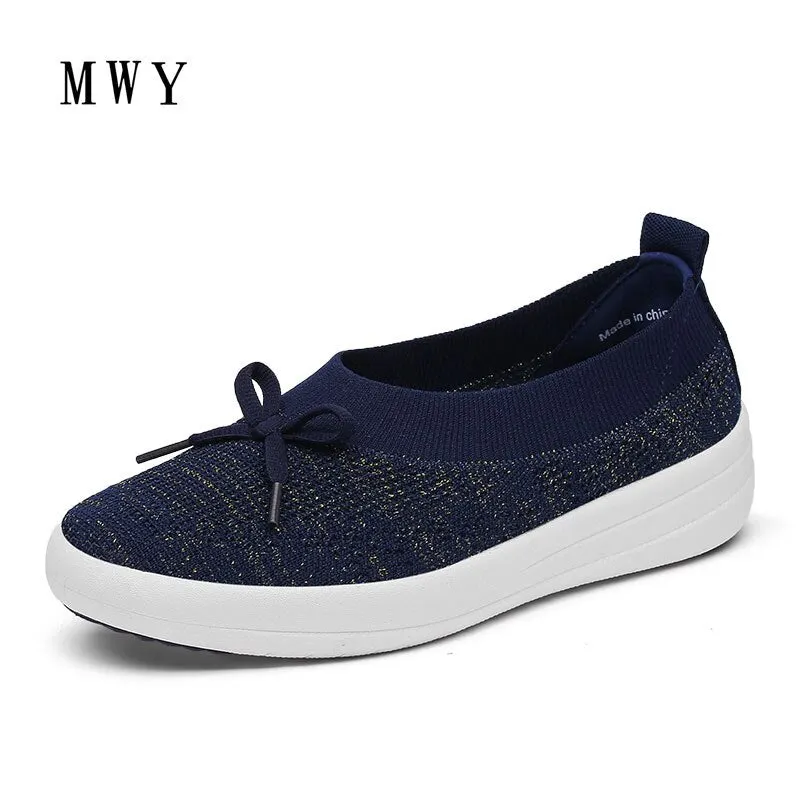 MWY Summer Breathable Mesh Fashion Women Shoes Flats Slip Fabric Casual Shoes Comfortable Round Toe Butterfly Knott Shoes