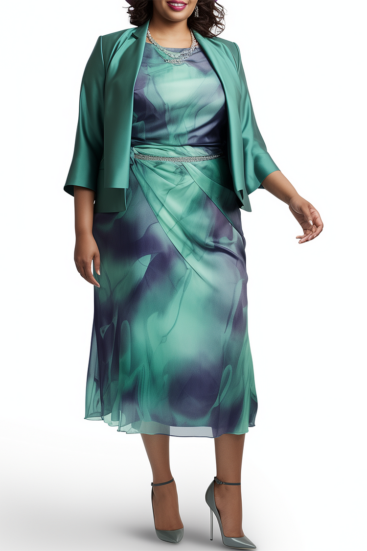 Xpluswear Design Plus Size Business Casual Green Water Ripples Round Neck 3/4 Sleeve Chiffon Two Piece Dress Set [Pre-Order]