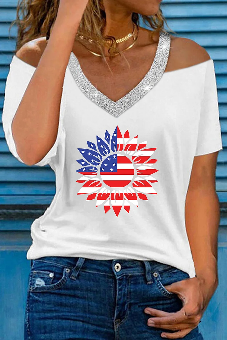 Plus Size Casual White Cotton And Linen Stars And Stripes Print Cold Shoulder Blouse  Flycurvy [product_label]