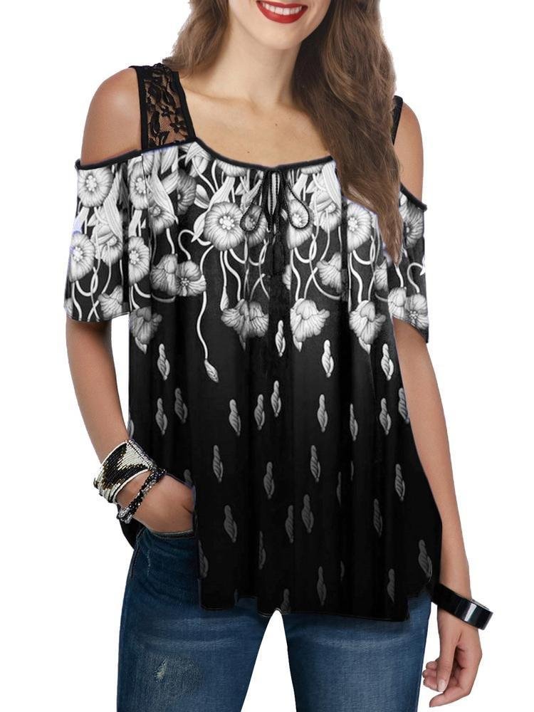 Casual Lace Sling Print Short-Sleeved Top