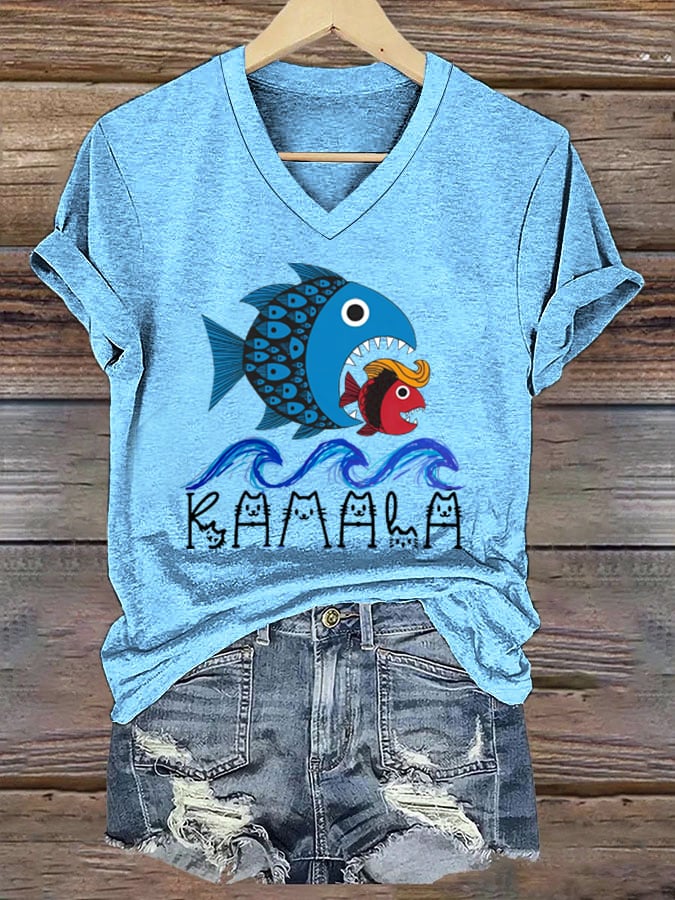 Women's Blue Wave Big Fish Eats Small Fish Print V-Neck T-Shirt