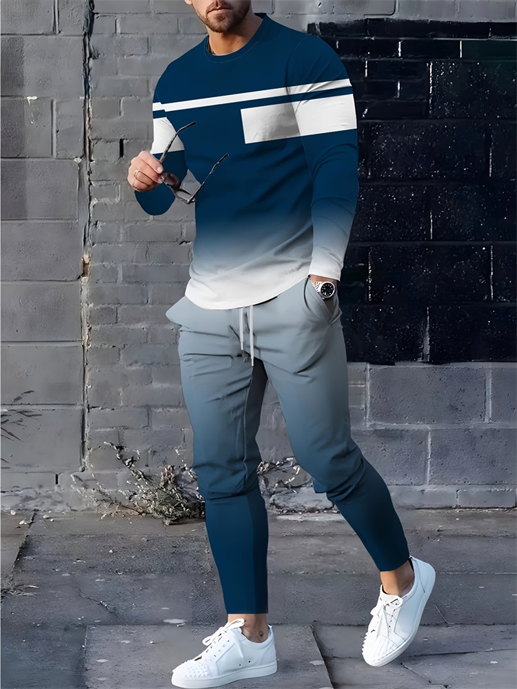 Geswet 2025 New Spring And Autumn Men's Long Sleeve T-shirt And Long Pants Set Daily Street Men's Fashion Long Sleeve T-shirt
