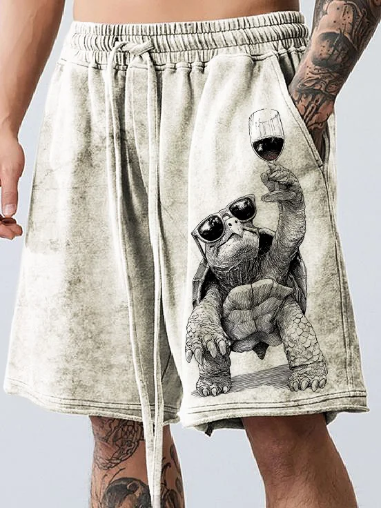 Men's Turtle In Sunglasses Holding A Glass Of Red Wine Print Casual Shorts