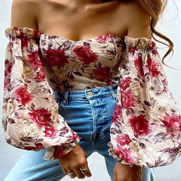 wsevypo Chic Women Floral Off Shoulder Blouse Tops Sexy Frill Long Lantern Sleeve Strapless Corset Tops Fashion Slim Fit Tops