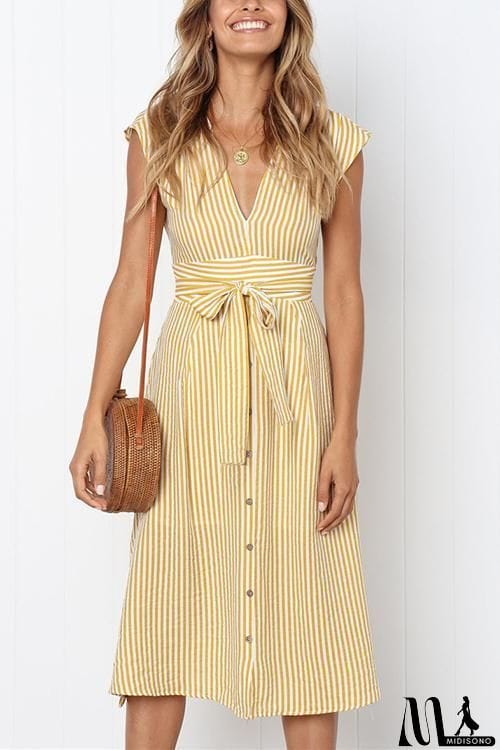 MidiSono - V Neck Tie Waist Dress