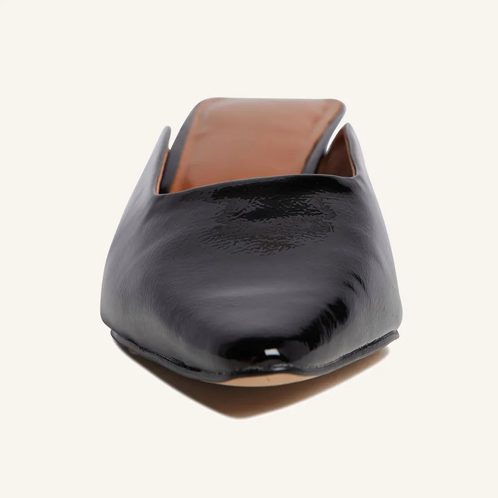 Black Patent Leather Pointed Toe Kitten Heel Mules for Women