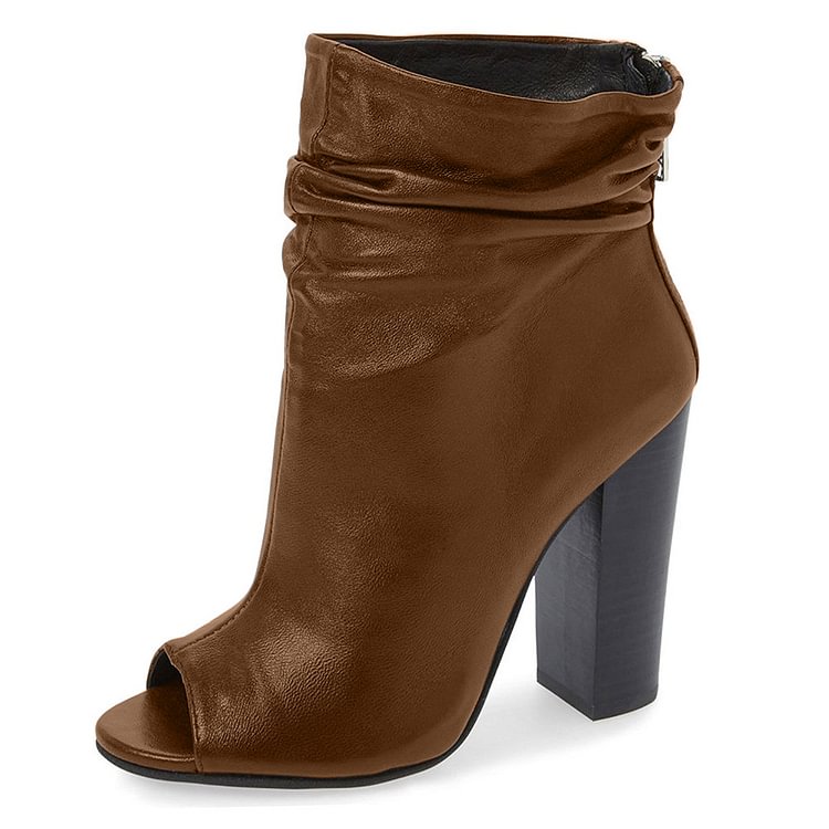 Brown Slouch Boots Chunky Heel Peep Toe Ankle Booties for Women |FSJ Shoes