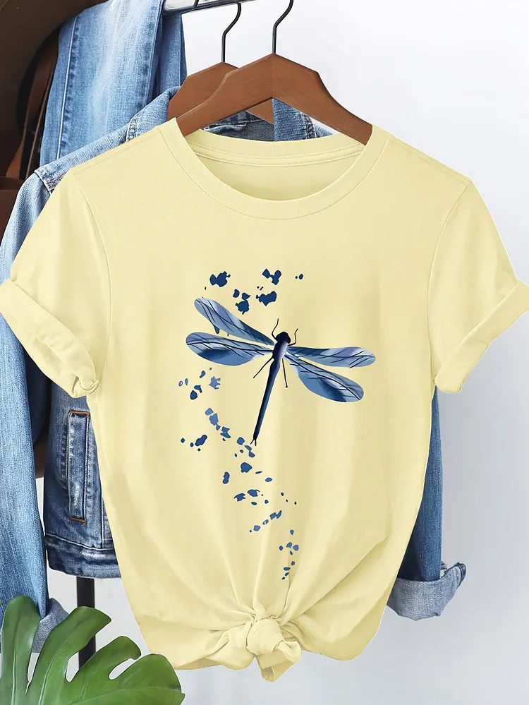 Womens Casual Short Sleeve T-Shirt-Light Yellow Dragonfly And Floral Print Round-neck