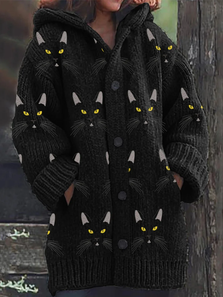 Black Cat Faces Embroidered Pattern Cozy Knit Hooded Cardigan