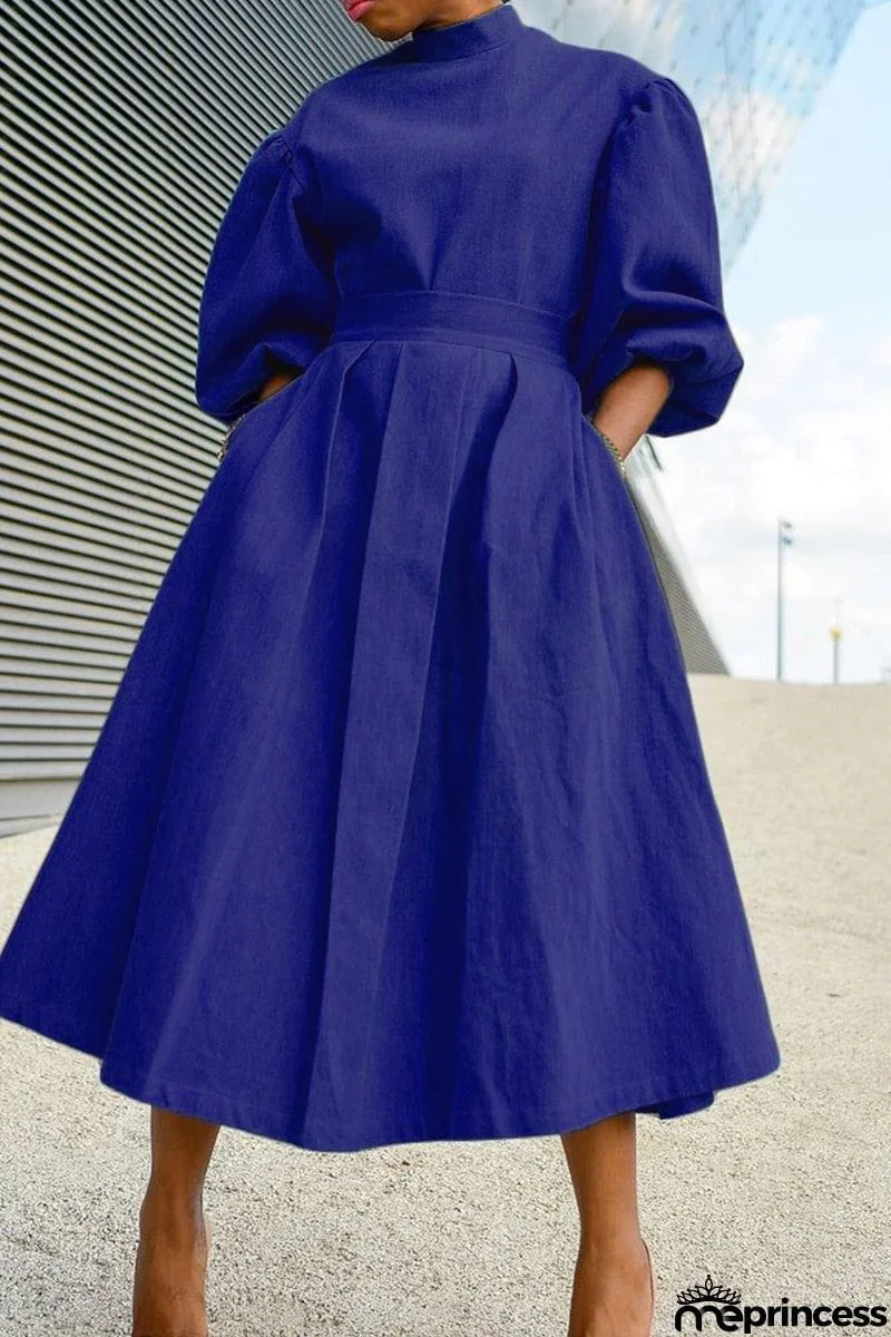 Turtleneck Neck Puff Sleeve Midi Dress