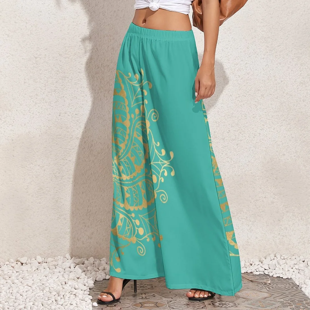 Gold Mandala Turquoise Boho Loose Fit Stretchy Wide Leg Palazzo Lounge Women Casual Loose Wide Leg Pants