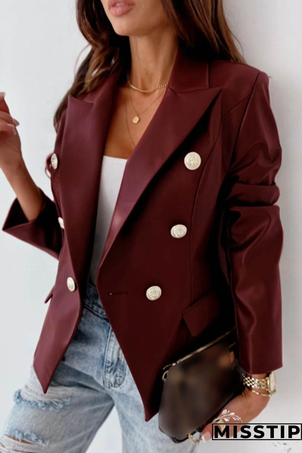 Burgundy Casual Solid Cardigan Turn-back Collar Outerwear