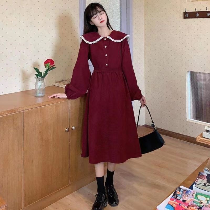 Autumn Winter Women's Turndown Collar New Button Fashion Fake Two Piece Waist Long Sleeved Slimming Printing Pullover Dresses