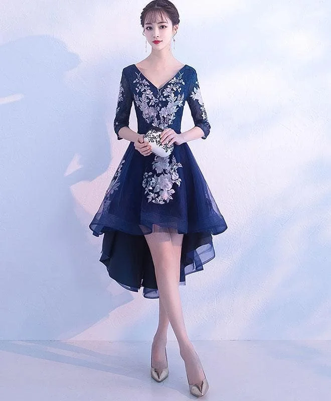 Dark Blue V Neck Tulle Lace Short Prom Dress
