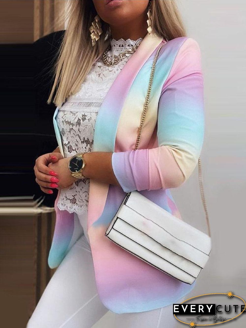 Fashion Color Block Plain Slim Suit Coat