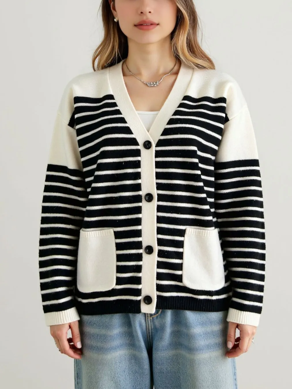 Nigikala Nigikala And Winter Single-Dcup Buckle V-Neck Pocket Knitted Cardigan New Striped Impact Coat