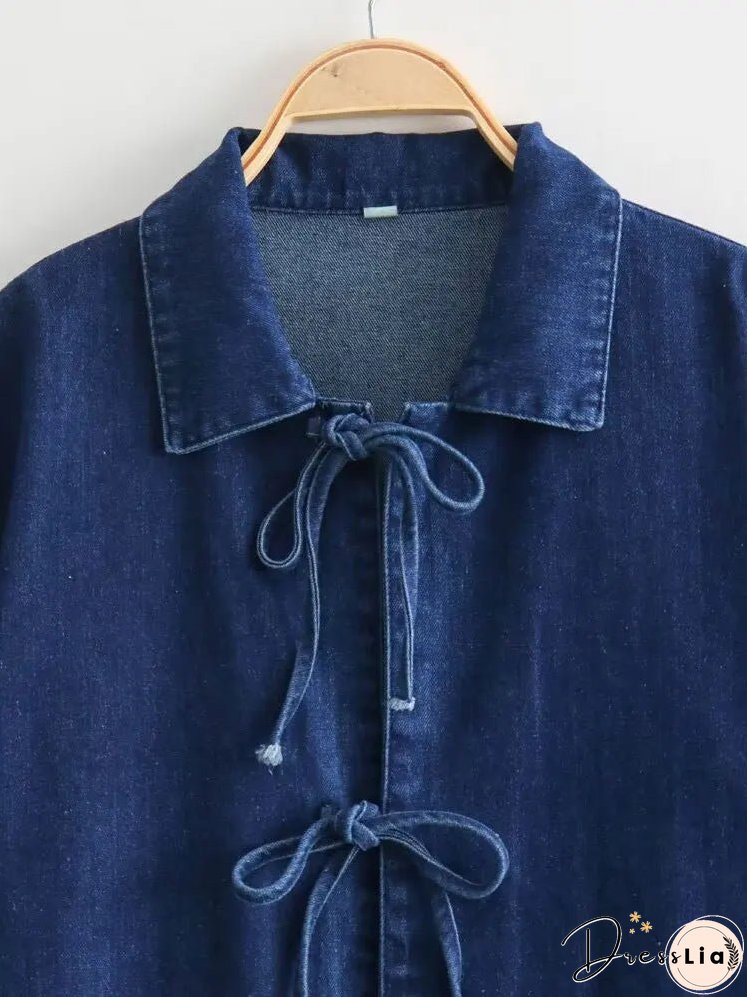 Women Fashion Lapel Collar Lace Up Blouses Female Casual Long Sleeves With Pockets Solid Denim Outerwear