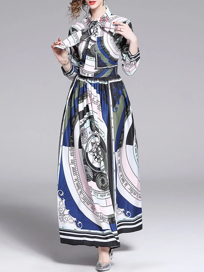 Lapel Printed Bow Big Dress