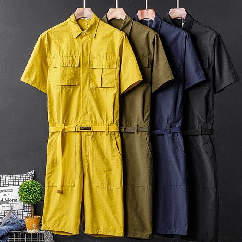 Retro Drawstring Button Lapel Cargo Short Sleeve Shorts Jumpsuit
