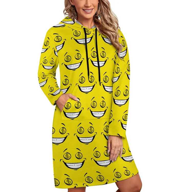 S-5XL Rich Greedy Money Eyes Yellow Face Women's Pullover Hooded Kangaroo Pocket Sweatshirt Casual Hoodie Dress - Heather Prints Shirts