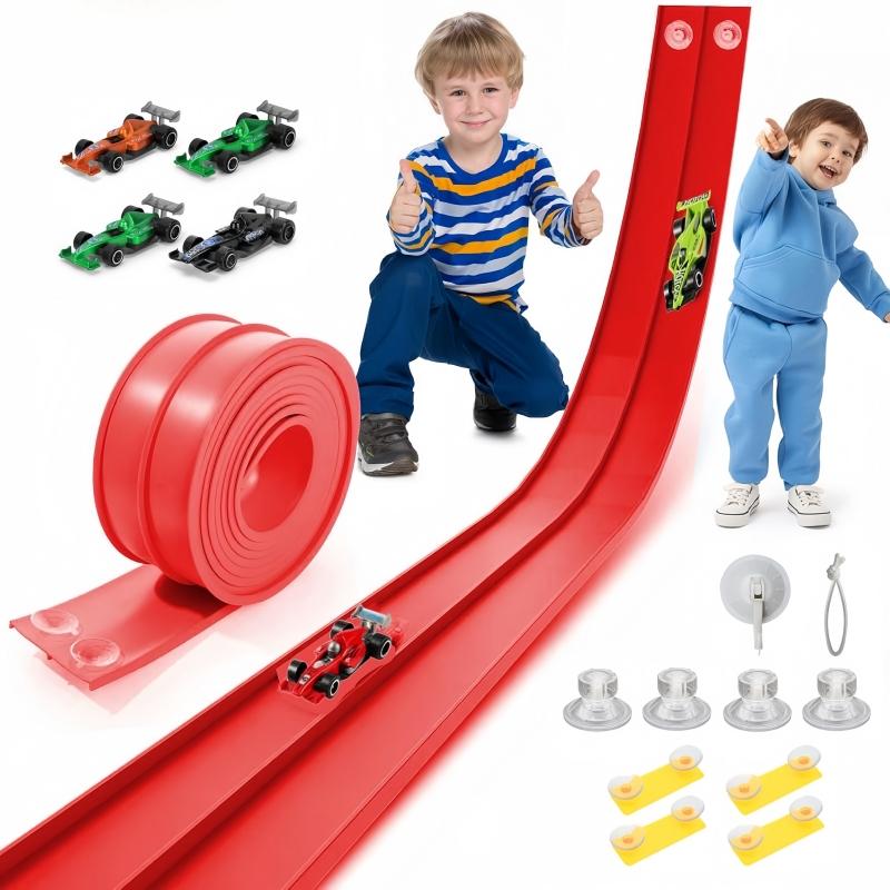 Flexible Race Track Toys for Kids: 15 Ft Flex Race Car Ramp Track with Suction Cups - Rolls Up Portable DIY Racetrack Compatible with Diecast 1/64th Cars Model - Birthday Gifts for Boys Girls Ages 3+