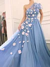 Powder Blue One Shoulder Prom Dress Pink 3D Flower Embellished Tulle A Line Ball Gown Long Evening Robe Bridesmaids Dresses Sweetheart Neck