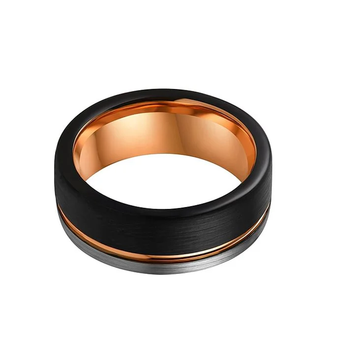 6MM 8MM Women's Or Men's Rose Gold Grey Black Triple Tone Tungsten Wedding Bands Pipe Cut Flat Edges