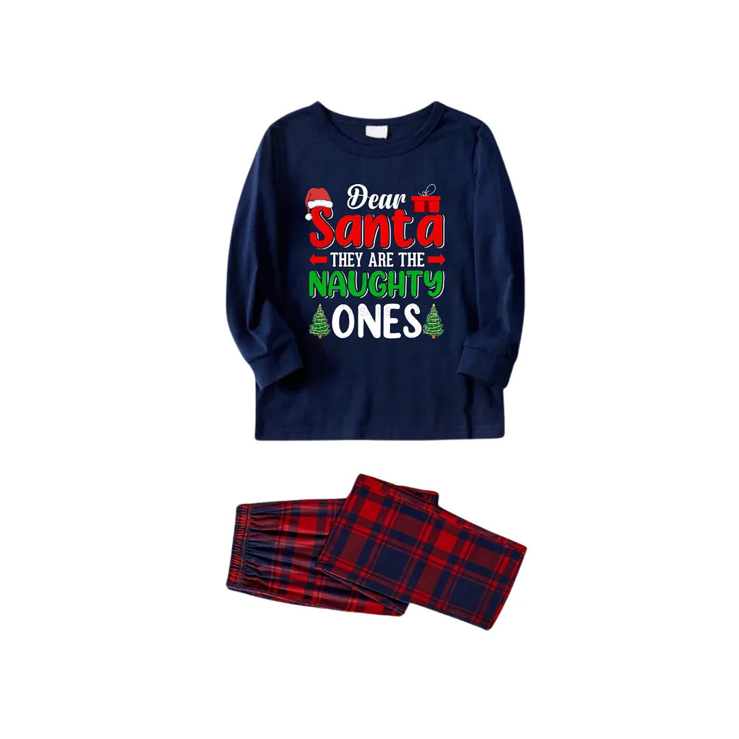 "Dear Santa They are The Naughty Ones" Slogan Printed Red and Blue Plaid Christmas Matching Pajamas