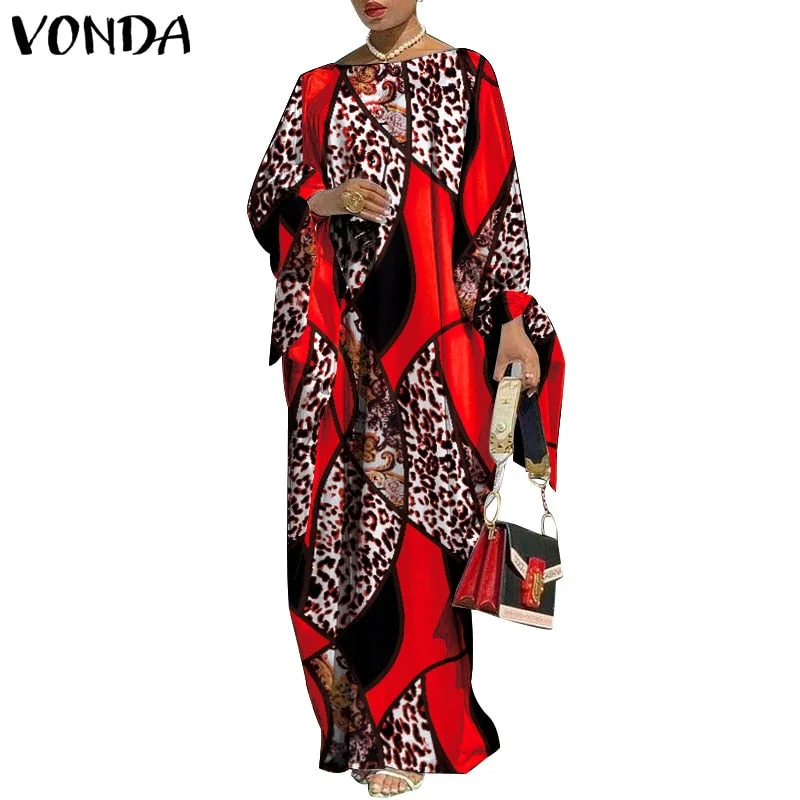 Autumn Dress VONDA 2021 Women O-Neck Long Sleeve Satin Slik Dress Vintage Floral Printed Sundress Bohemian Vestidos Plus Size