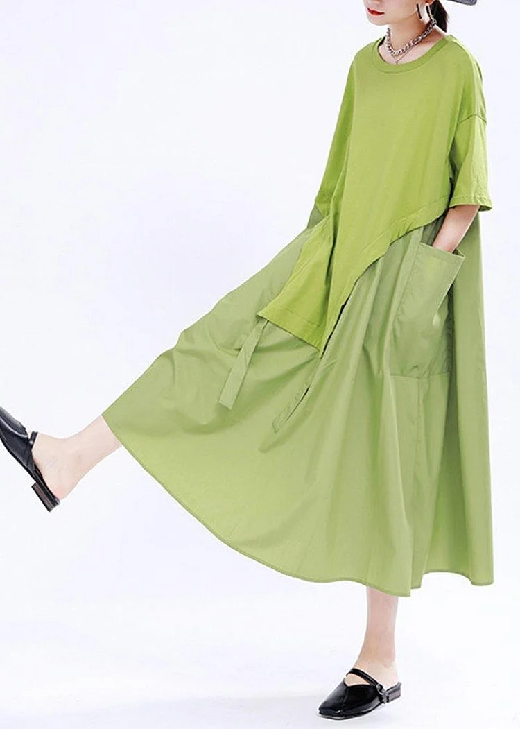 Organic Green O-Neck Loose Ankle Summer Cotton Dress