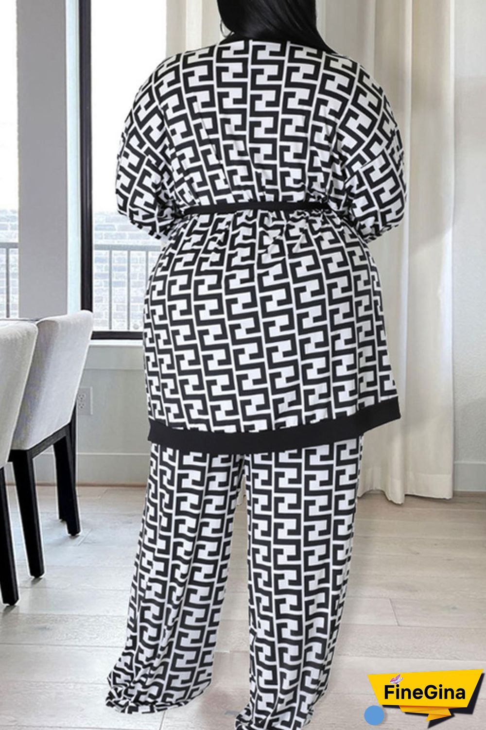 Black White Casual Print Bandage Patchwork Plus Size Two Pieces