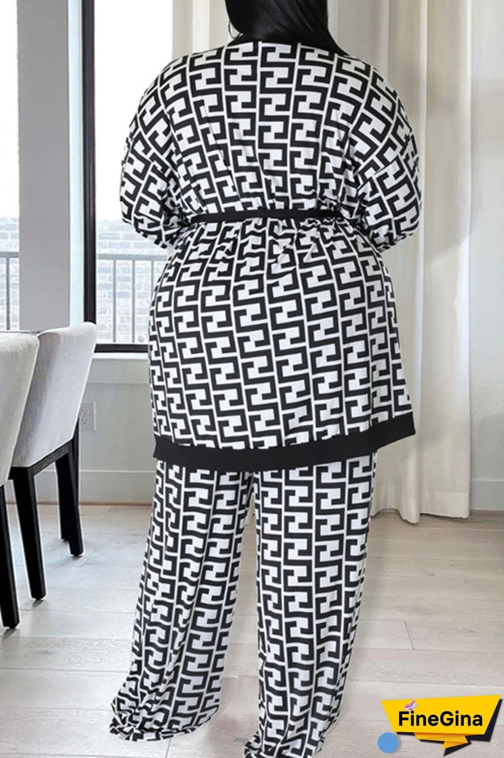 Black White Casual Print Bandage Patchwork Plus Size Two Pieces