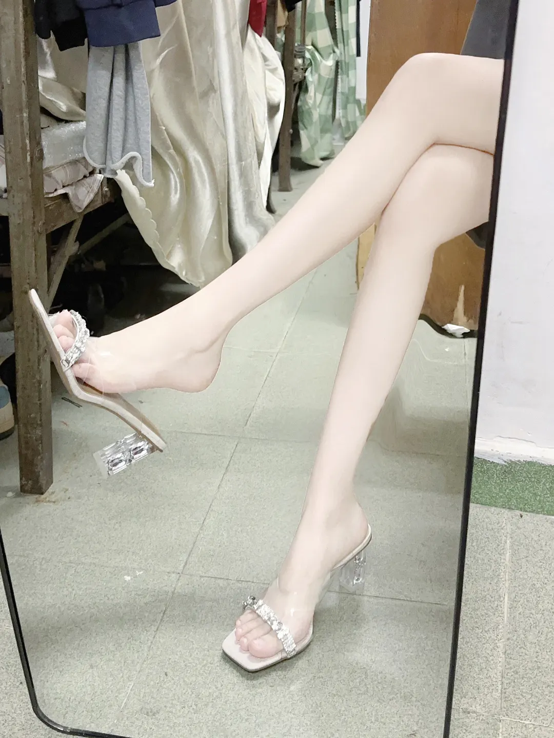 Breakj Breakj Heel Wearing Cold Slippers Women 2025 Summer Fashion Transparent Water Drill Temperament With High Heels Do Not Tired Feet