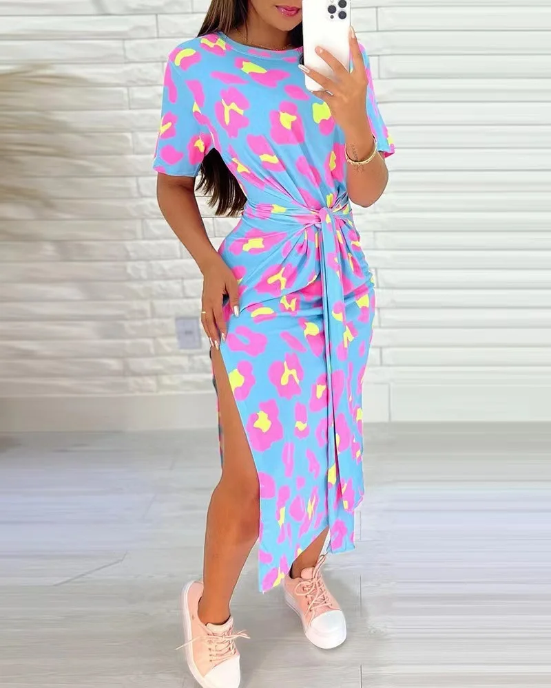 Wongn Wongn Round Neck Short Sleeve Slit A-Line Dress Tie Print Women's Dress