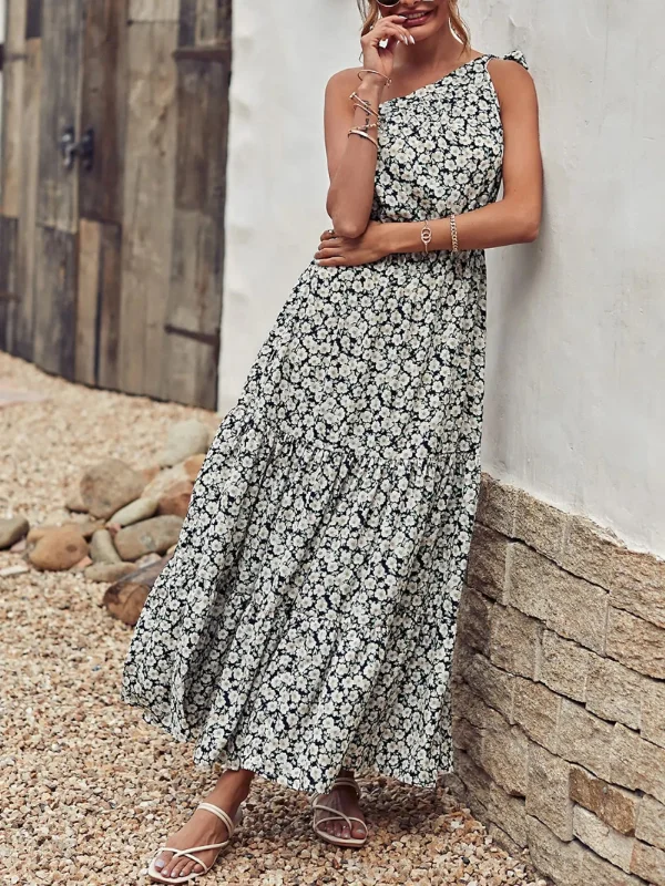 Floral One Shoulder Belted Ruffle Hem Dress