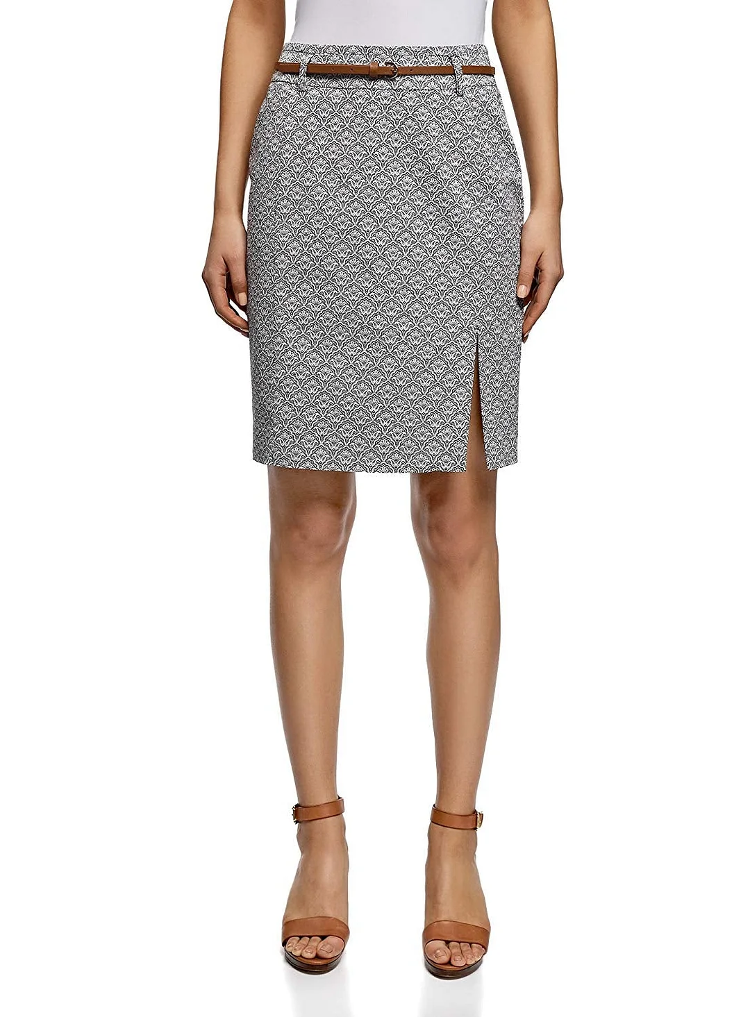 Women's Straight Belted Skirt Mid-length pencil skirt with belt and side split.