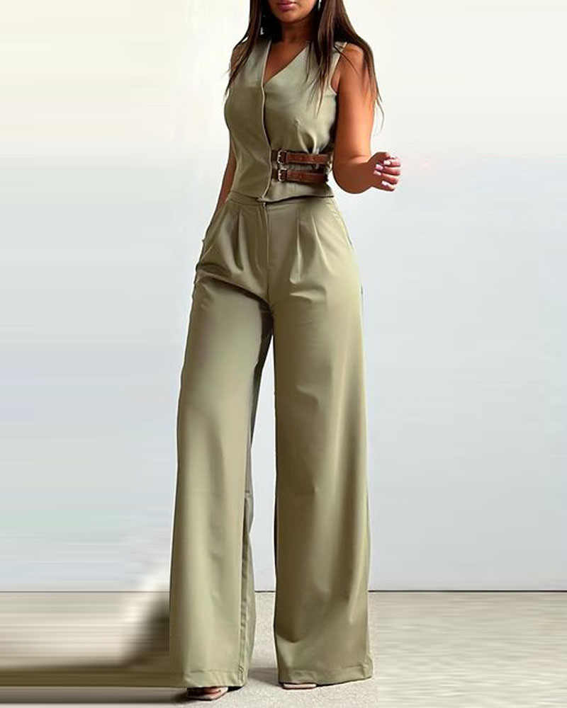 Fashion V-Neck Vest & Pants Two-Piece Set-coollova:luchamp