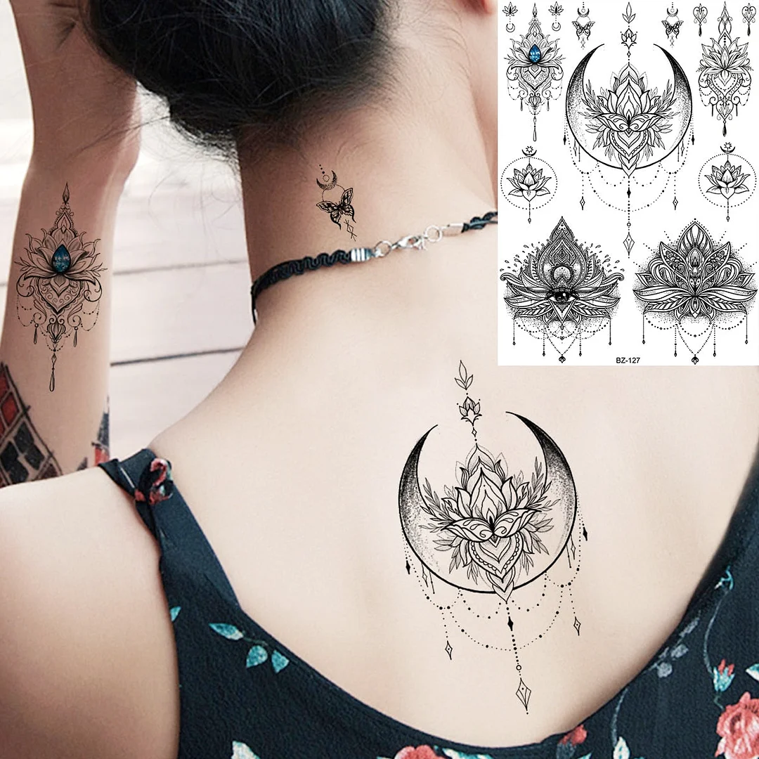 Henna Pendant Temporary Tattoos For Women Undertboob Girls Realistic Butterfly Rose Flower Fake Tattoo Sticker Chest Tatoos
