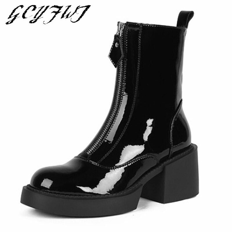Women's Mid Calf Boots Fashion Front Zipper And Patent Leather Platform Round Toe Ladies Boots Crude Heel Solid Color Girl Shoes