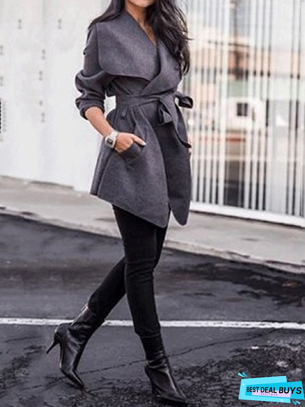 Casual Lace-Up Lapel Outerwear with Belt