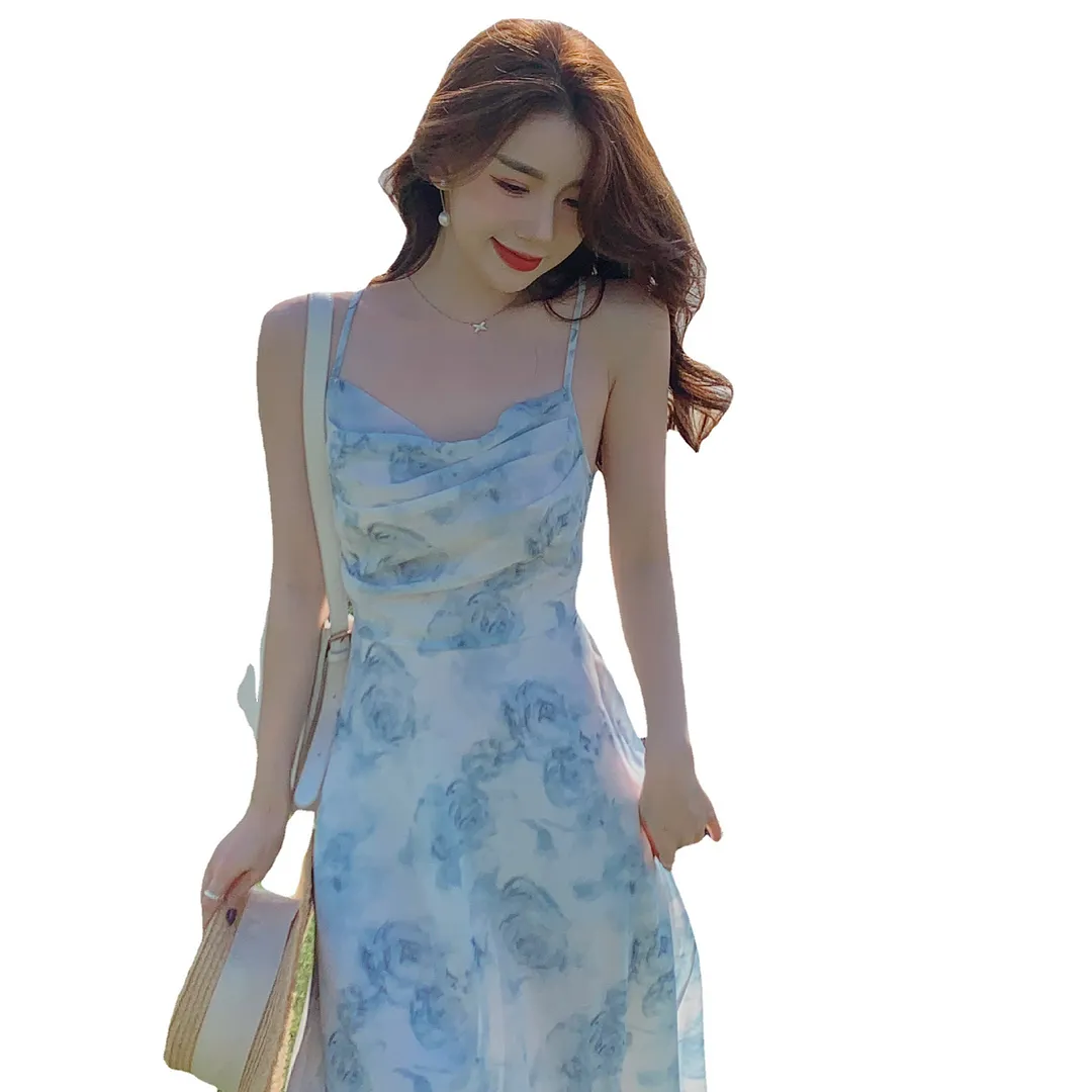 Churchf Churchf Temperament Sexy Dew Back Broken Flower Condole Belt Skirt Female 2024 Summer New Style Dozen Pull Collect Waist Thin Money Chiffon Dress