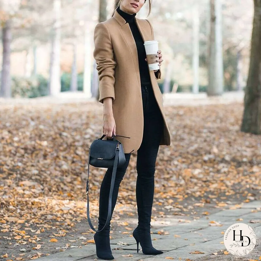 New Autumn and Winter Fashion Womens Solid Color Stand-Up Collar Woolen Coat Lapel Wool