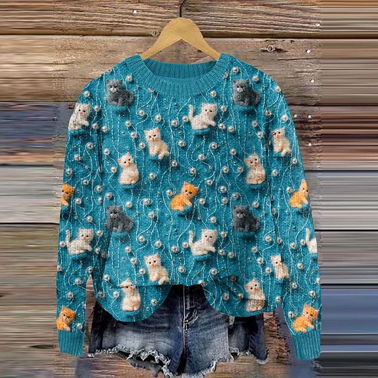 Women's Vintage Kittens Pearl Graphics Art Cozy Sweater