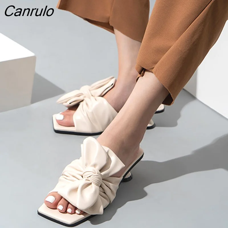 Canrulo Arrived Women Pumps big Bow Design High Heel Slippers Elegant Square Head Ladies Thin High-heeled Sandals Size 42 vc3210