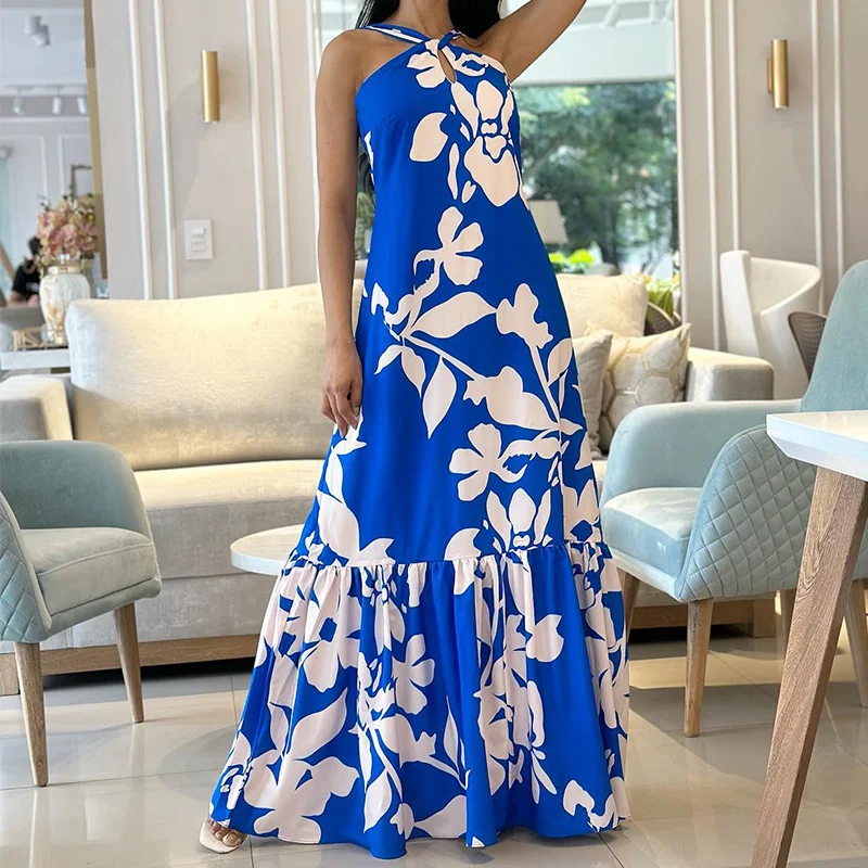 Toloer Toloer 2024 Spring New Ladies Fashion Temperament Print Hanging Neck Hollow Out Long Dress-Outfit Ideas