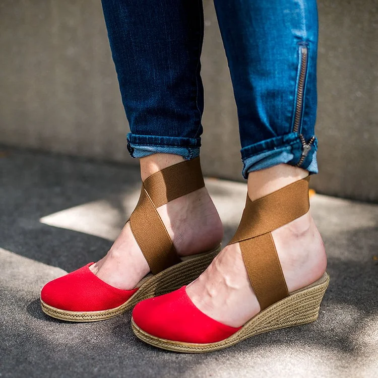 Red and Tan Wedge Heels Vegan Suede Cross Over Strap Sandals with Platform |FSJ Shoes